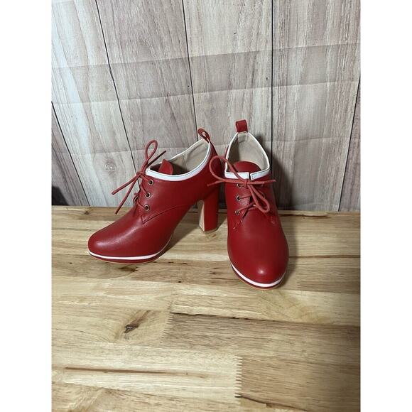 Allegra K Bright Red Heel Boots Lace Up - Picture 2 of 10